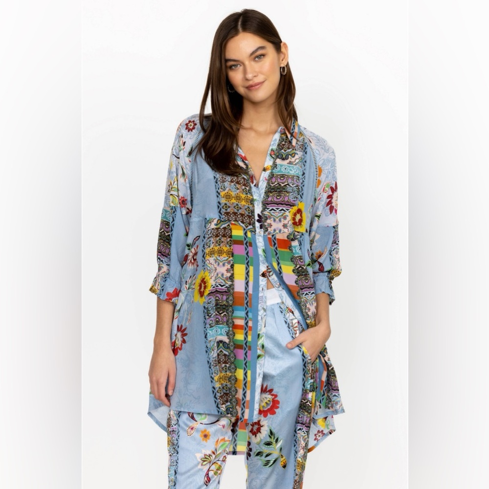 Johnny Was Set Silk Adonia Tunic and Pants Multicolor Patterned Rainbow EUC XL